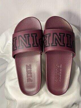 Victoria's Secret PINK Logo Strap Slide Sandals Maroon Burgundy Ruby Black NEW M